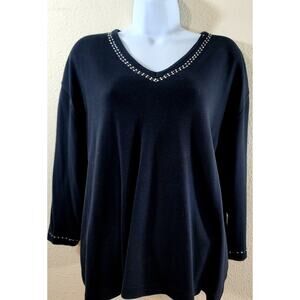 Lanie New York Black Rhinestone V Neck Top 2X Plus Lightweight Soft Stretch